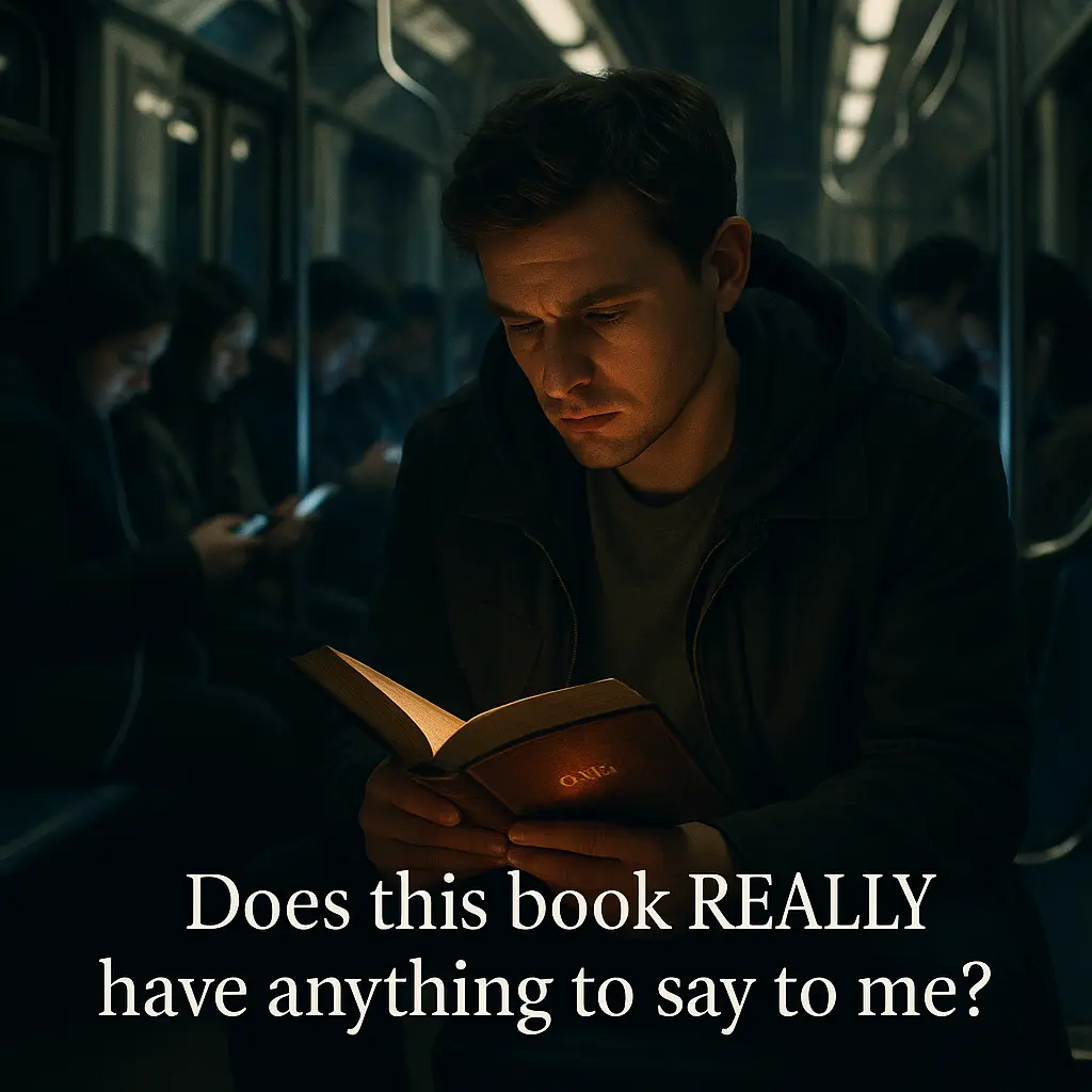A young man reading a bible on the bus.