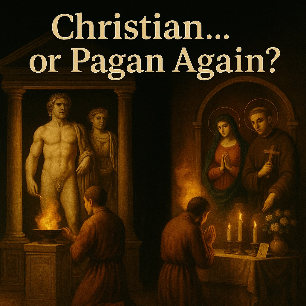 Two temples side-by-side—one with ancient Roman gods receiving incense and garlands, the other with saints and Mary being similarly honored. Identical worship posture in both scenes.