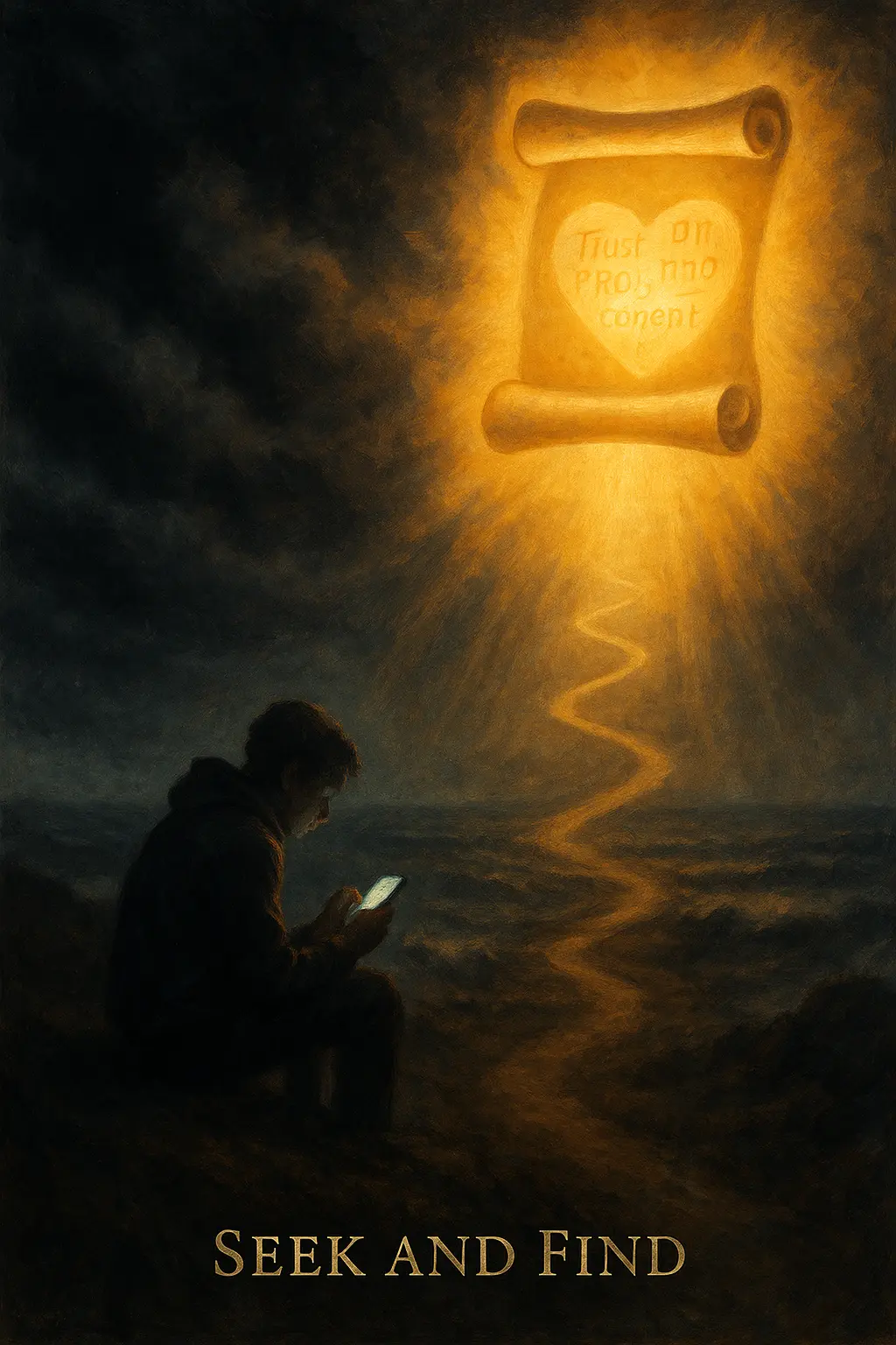 A man with a cellphone sits in the light of inspiration.
