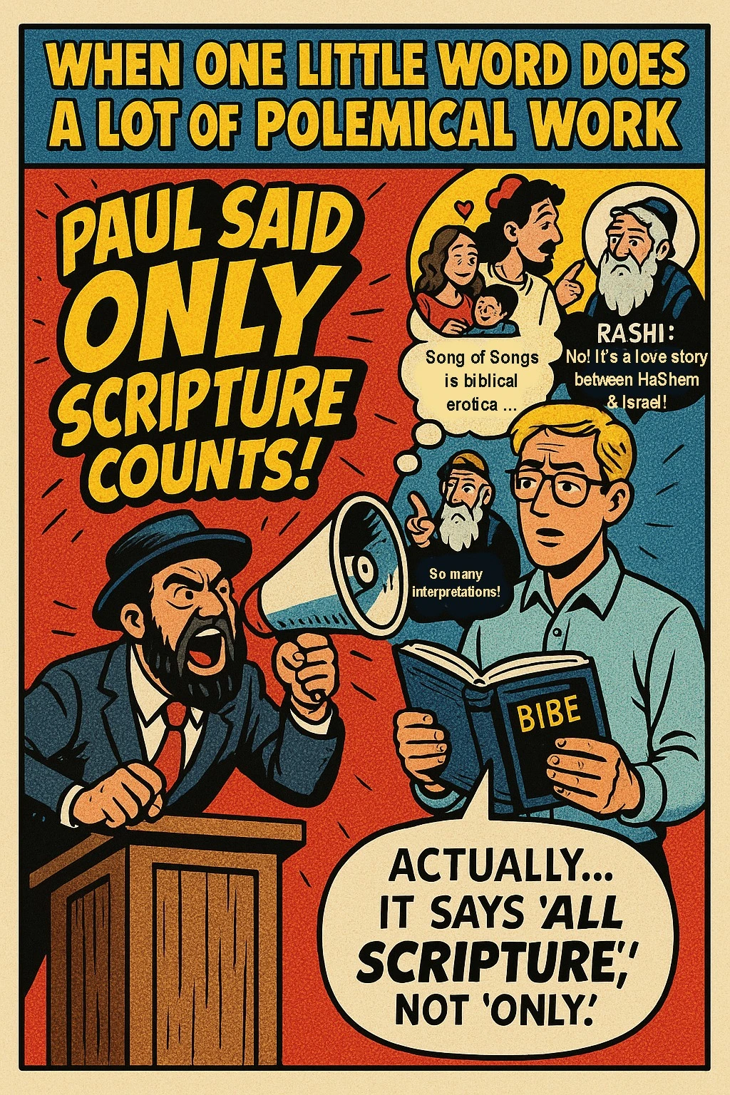 A cartoon image of a religious debate.