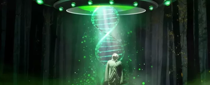 A depiction of a man undergoing an alien abduction.