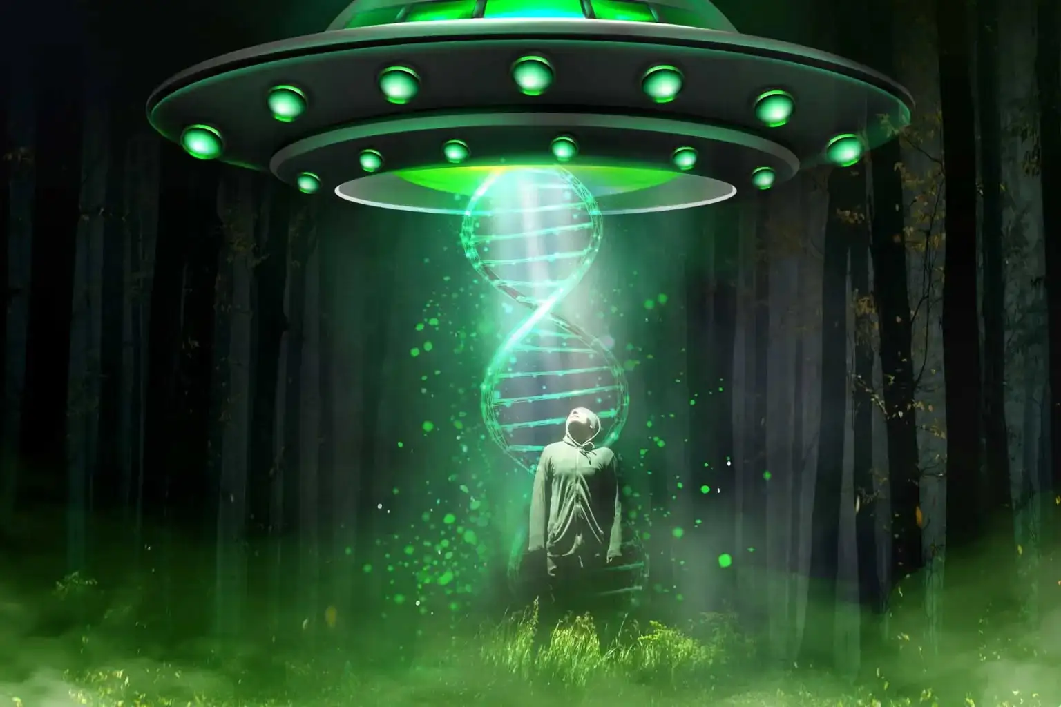 A depiction of a man undergoing an alien abduction.