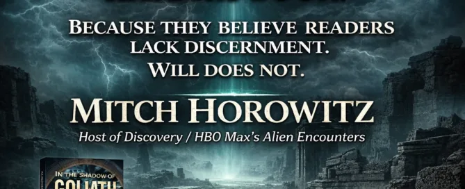 This image is for the In the Shadow of Goliath Review (2026) and depicts an endorsement by Mitch Horowitz.