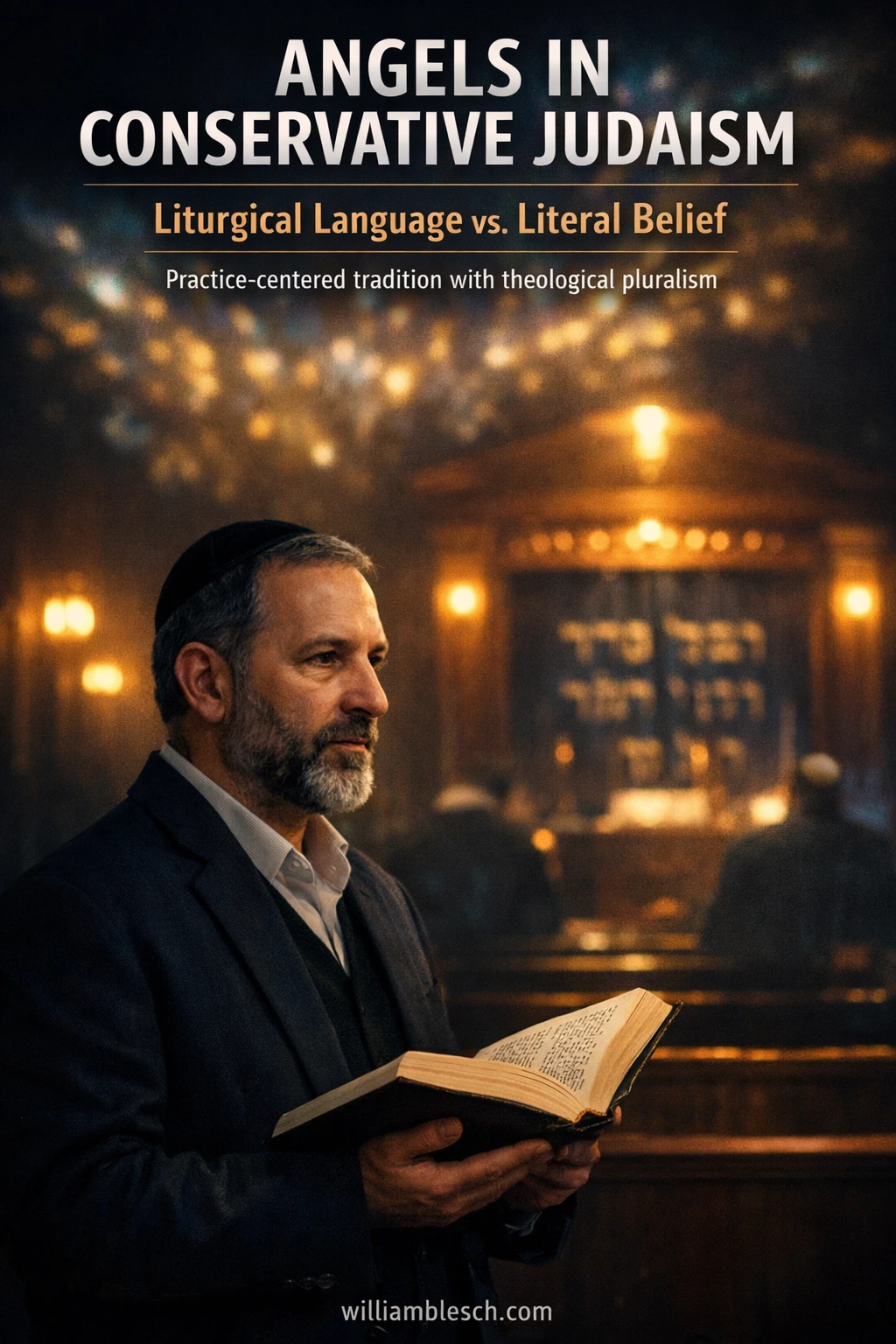 A conservative rabbi in a synagogue with a siddur.