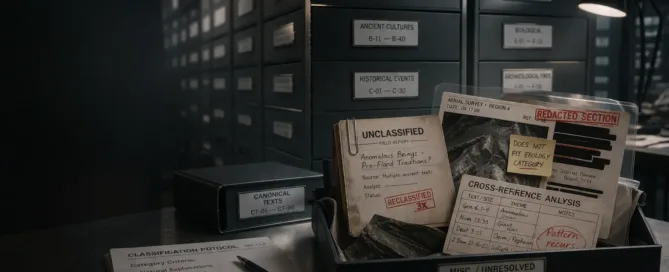 A a sterile, high-end institutional archive or records room, with rows of neatly labeled drawers, specimen boxes, folders, evidence sleeves, and classification tags arranged with obsessive precision.