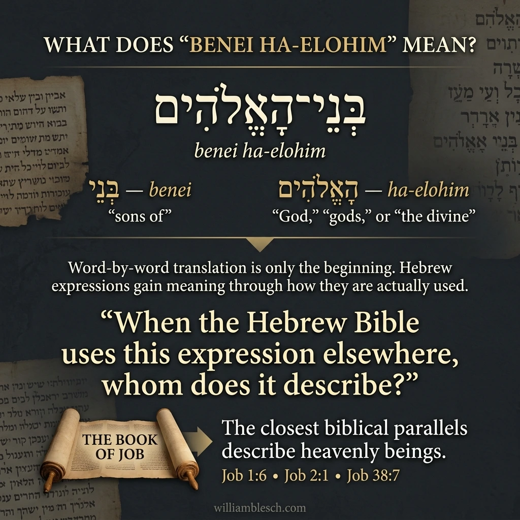 Infographic explaining the Hebrew phrase benei ha-elohim in Genesis 6 and showing that its closest biblical parallels in Job describe heavenly beings