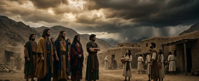 Heavenly beings descending into the human world in a depiction of the sons of God in Genesis 6