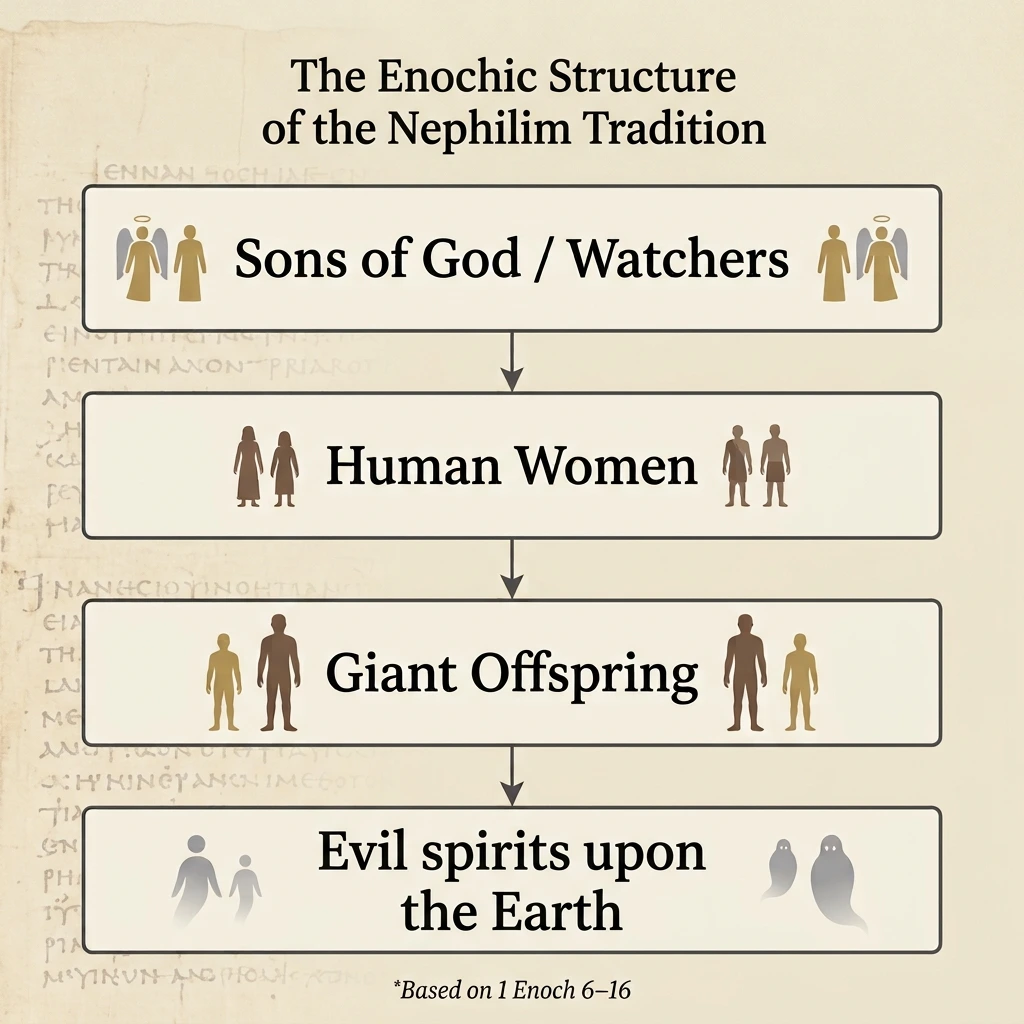 watchers-nephilim-1-enoch-diagram Diagram showing the Watchers, human women, giant offspring, and spirits of the dead giants in 1 Enoch